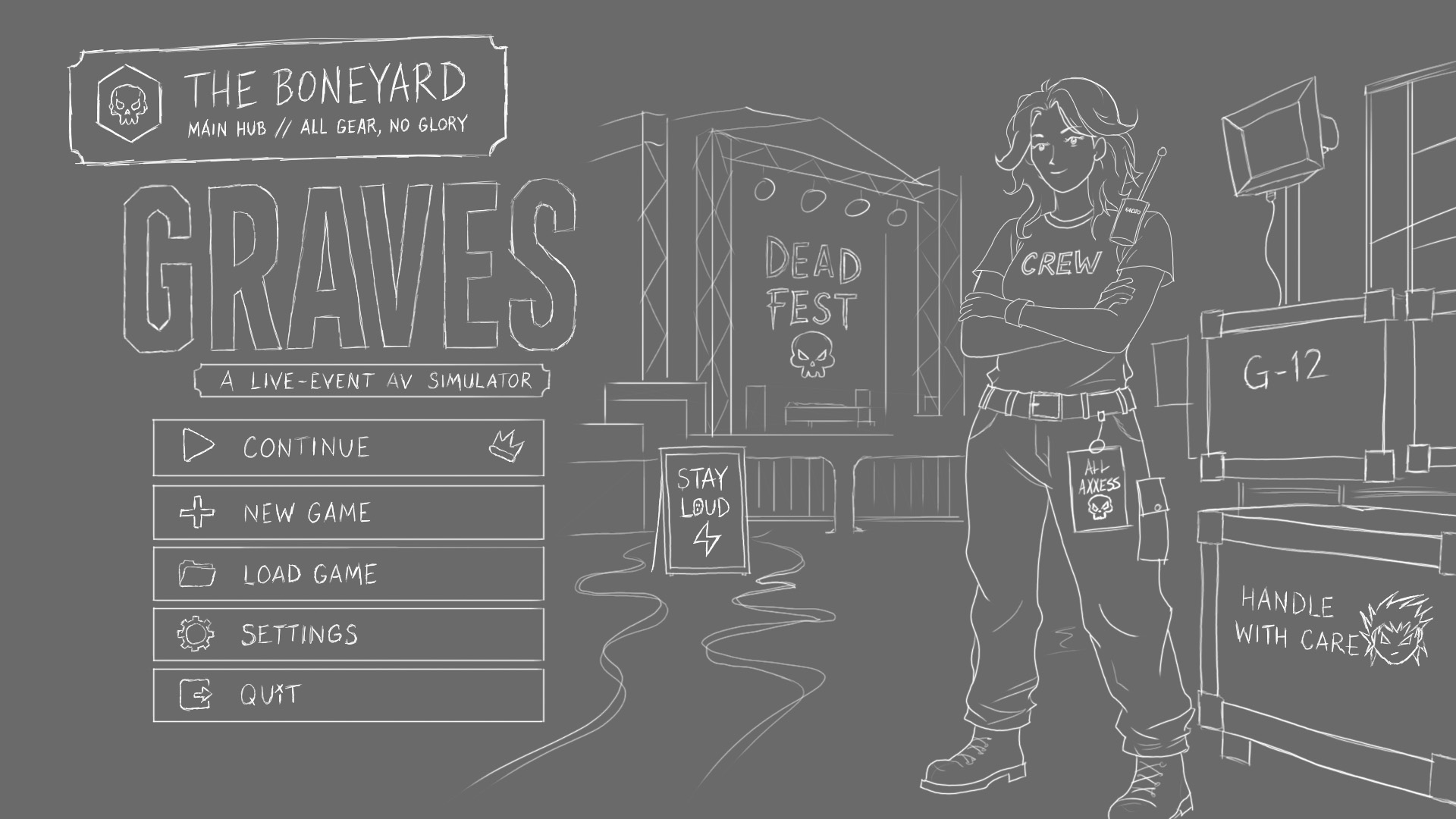 Hand-drawn Graves main-menu concept with Piper standing beside the Boneyard title screen