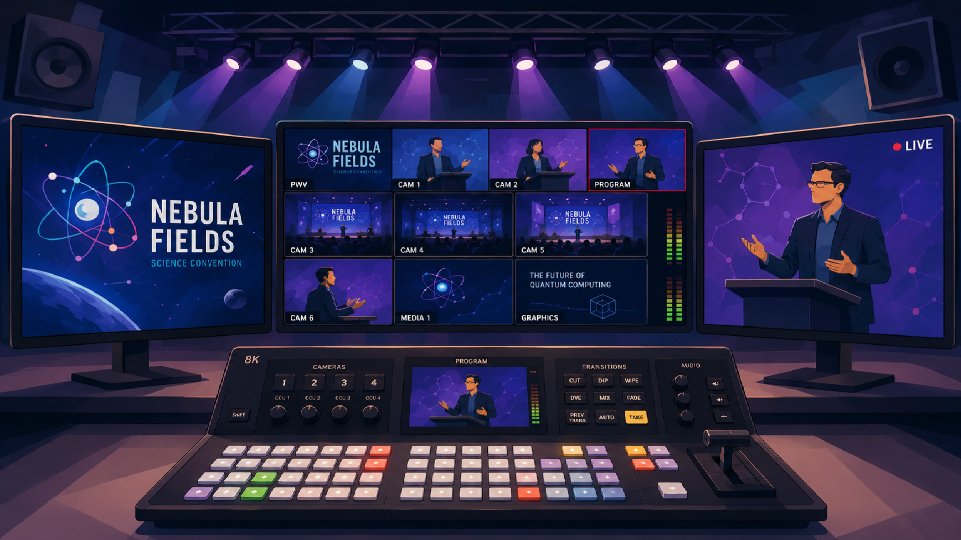 Illustrated live production control room with a video switcher, multiview display, and program monitors.