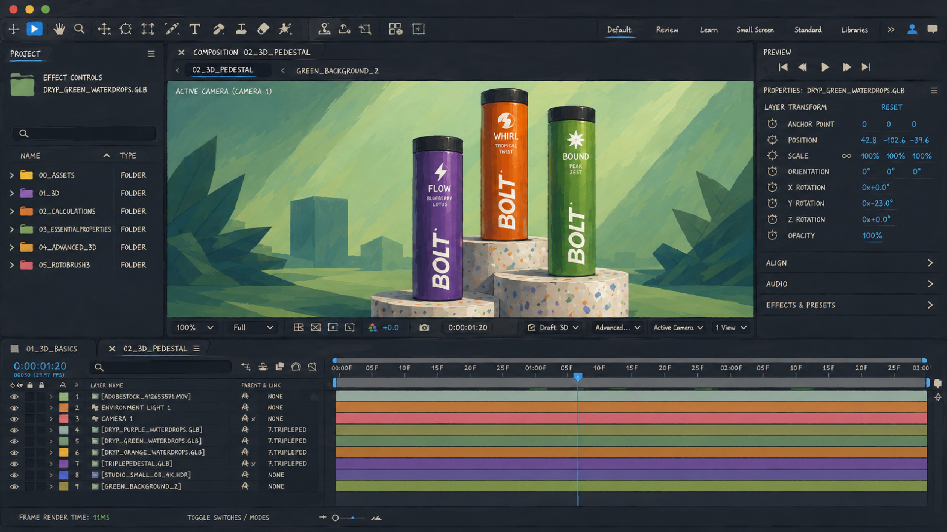 Illustrated motion graphics and editing workspace with a product animation, layers, controls, and timeline.